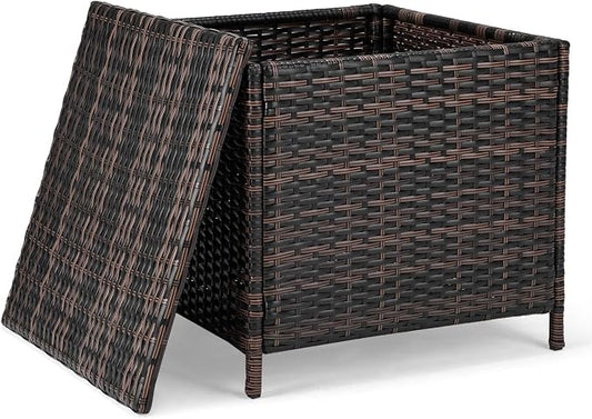 Outdoor Wicker Storage Side Table, Patio Brown PE Rattan End Table with Storage, Square Container for Furniture Covers, Toys, and Gardening Tools (Brown)