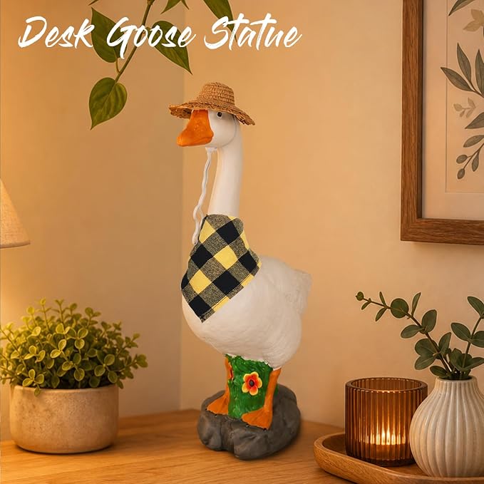 PARTYGEARS 23" Porch Goose Statue with Accessories, Hollow Plastic Garden Decor, Adjustable Neck, Sand-Fillable Base with Straw Hat & Yellow Scarf – Outdoor Decorations for Yard, Lawn Decor