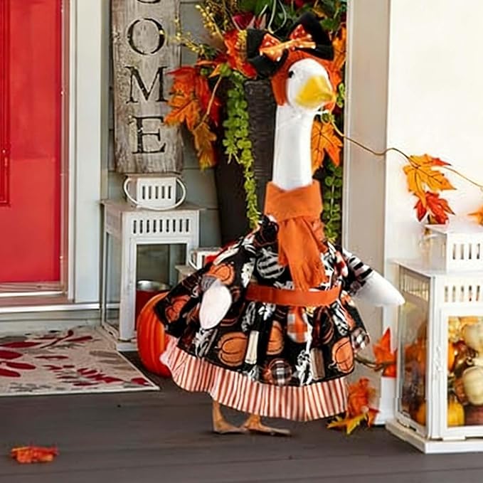 Halloween Porch Goose Outfit 23 Inch Porch Goose Clothes for Holiday | Pumpkin Dress Cape Witch Hat, Thanksgiving Goose Outfit, Christmas Goose Clothes, Holiday Costume for Lawn Geese Status