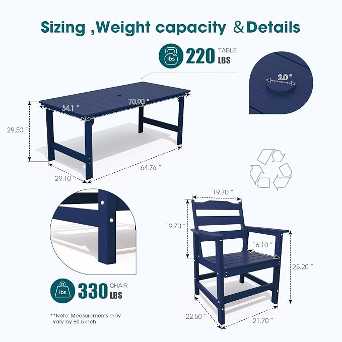 THOEOE Outdoor Dining Chair Set of 2, Patio Dining Chairs with Arms, All-Weather HDPE Outdoor Chairs for Garden, Poolside, Deck, Navy Blue