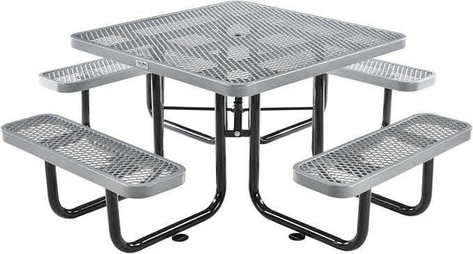 Global Industrial 46" Square Picnic Table, Expanded Metal, Gray Thermoplastic Coating, Attached Benches, 1-1/2” Umbrella Pole Hole, Outdoor-Rated, 1000 lb Capacity