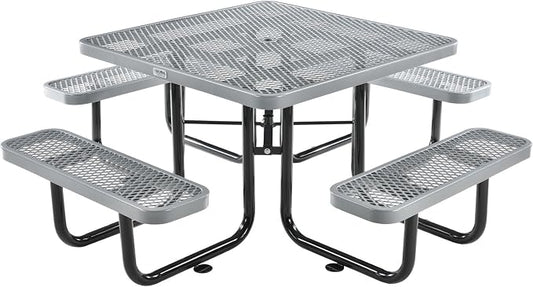 Global Industrial 46" Square Picnic Table, Expanded Metal, Gray Thermoplastic Coating, Attached Benches, 1-1/2” Umbrella Pole Hole, Outdoor-Rated, 1000 lb Capacity
