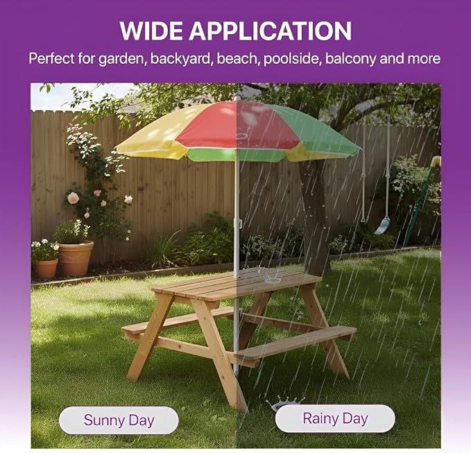 Plum® Wooden Kids Picnic Table - Outdoor Toddler Activity Table and Chair Set with Removable & Adjustable Umbrella, Built-in Bench, Backyard Furniture, Durable, Weatherproof, Easy to Clean, Ages 2+