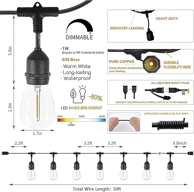 Svater Outdoor String Lights for Outside 150 FT Waterproof Commercial Grade | Hanging for Patio Bistro Cafe Backyard Deck, Shatterproof 1W E26 S14 Dimmable Antique Bulbs 2700K (50 FT *3)