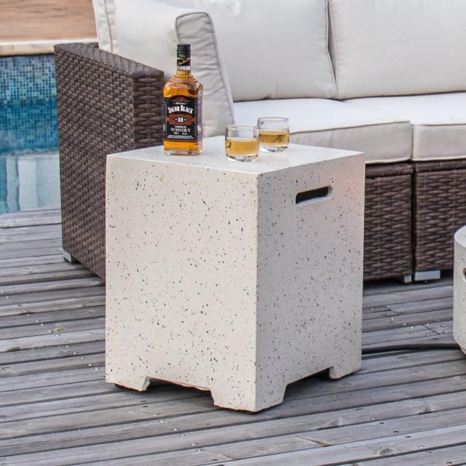 COSIEST Outdoor Hideaway Tank Table for Gas Fire Pits, Hides Standard 20lb 16-inch Propane Tank Cover w Side Handles (Terrazzo)