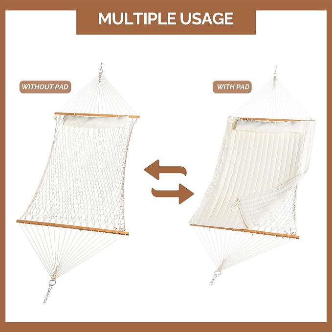 Double Hammock with Stand 450 LBS Capacity Steel Stand, Heavy Duty Outdoor Hammock for Patio, Garden Yard, Backyard, Beach (Beige)