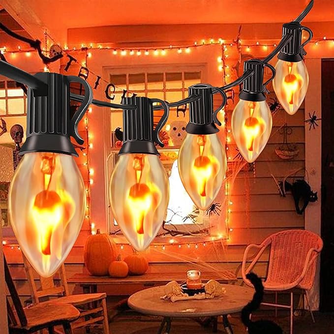 C7 Christmas Flicker Flame String Lights, 25Ft C7 Outdoor Christmas Decorations String Lights with Clear Flicker Flame Bulbs, Hanging Patio Lights for Christmas Halloween Party Garden Porch-Black