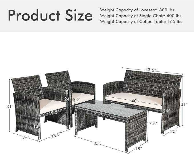 Goplus 4-Piece Rattan Patio Furniture Set, Outdoor Wicker Conversation Sofa with Weather Resistant Cushions and Tempered Glass Tabletop for Lawn Backyard Pool Garden (Beige)