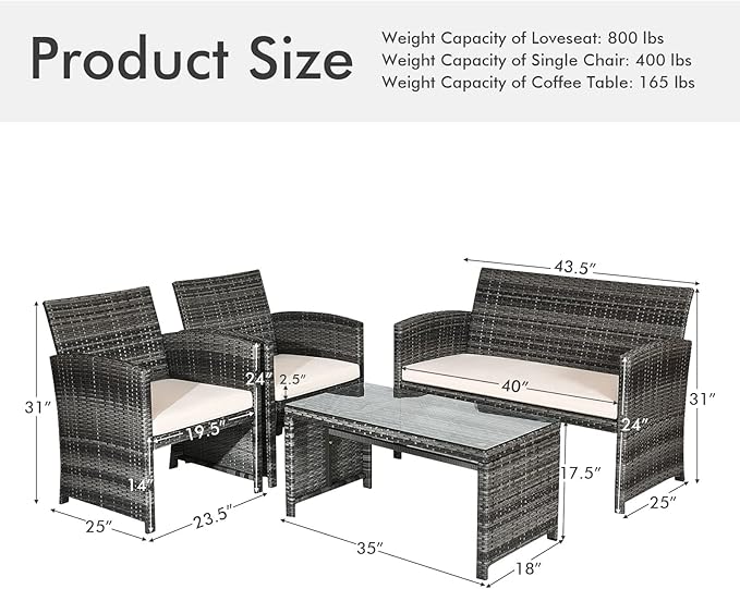 Outdoor Conversation Set, 4 Pieces Wicker Patio Furniture Set with Ergonomic Curved Design, Patio Chair Set with Water-Resistant Cushion & Tempered Glass Table for Backyard, Porch(Beige)