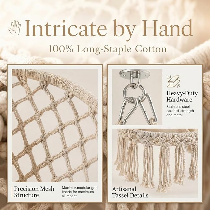 Cotton Woven Hammock Chair, 600 LBS Light Beige Handmade Macrame Hammock Without Stand, Indoor Outdoor Hammock for Patio Bedroom Garden Reading Decor