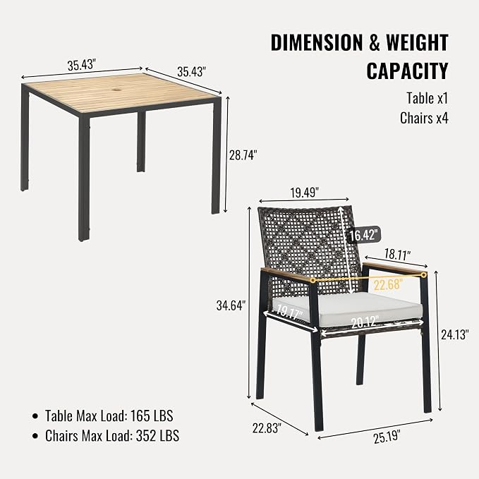 5-Piece Outdoor Patio Furniture Dining Set, All-Weather Rattan Conversation Set with Umbrella Hole, Weather Resistant Table and Chairs for Garden/Backyard Deck (Dark Brown)
