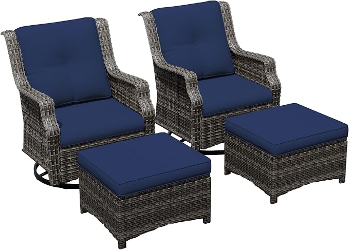 4 Pieces Patio Furniture Set, Outdoor Furniture Set with 2 Patio Swivel Rocking Chairs, 2 PE Rattan Ottoman, Thick Cushions, Ideal for Backyard, Garden, Poolside, Blue