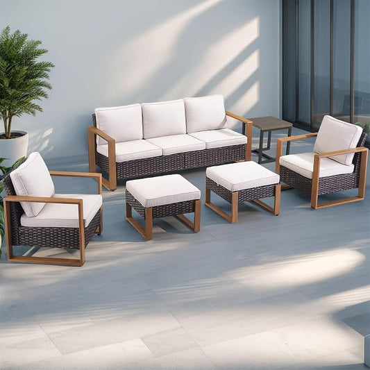 Outdoor Wicker Patio Furniture Set - 6 Piece Patio Conversation Set with 2 Wicker Armrest Chairs,2 Rattan Ottoman,1 Side Table and 1 Couch,Sturdy Frame,Thick Cushions,Deep Seating(Brown/Beige)