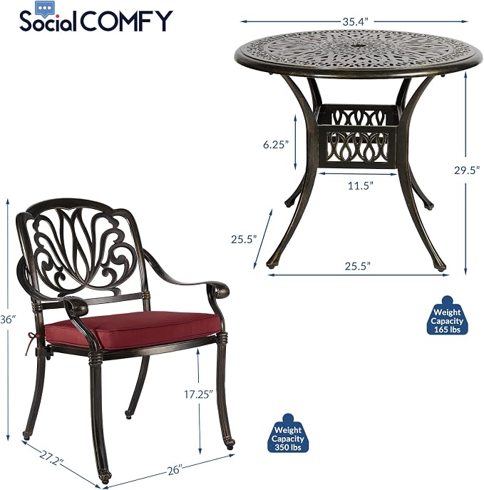 5-Piece Outdoor Patio Dining Set, All-Weather Cast Aluminum Patio Table Set, Include 4 Cushioned Chairs and a 35.4 inch Round Table w/Umbrella Hole for Balcony Garden Backyard, Red