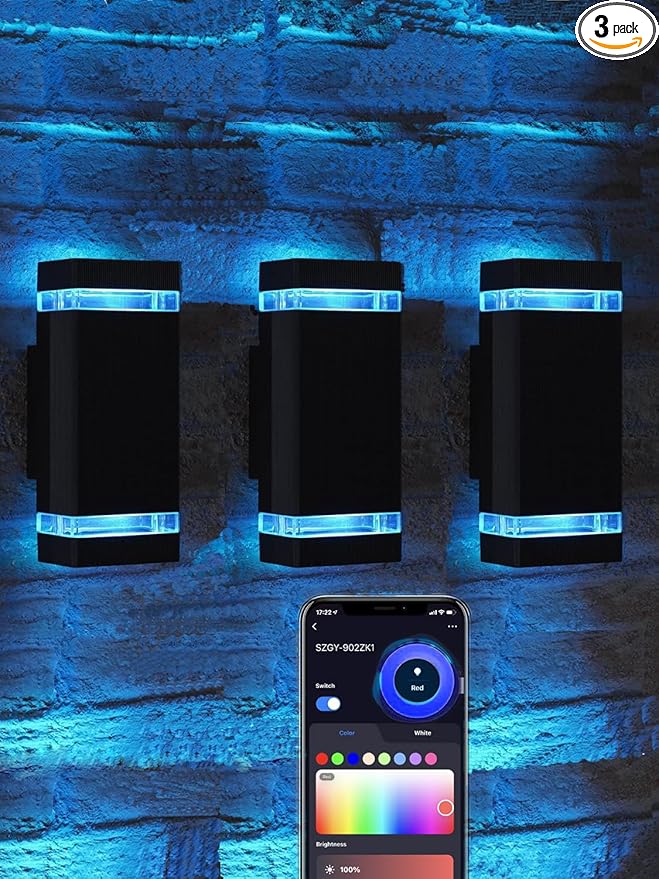 RGB+CCT Outdoor Wall Light 3 Pack, App Control Up Down Wall Sconce, Color Changing 2700K–6500K Exterior Lighting, Waterproof Aluminum LED Porch Lights for Garage Patio Front Door (3 Pack)