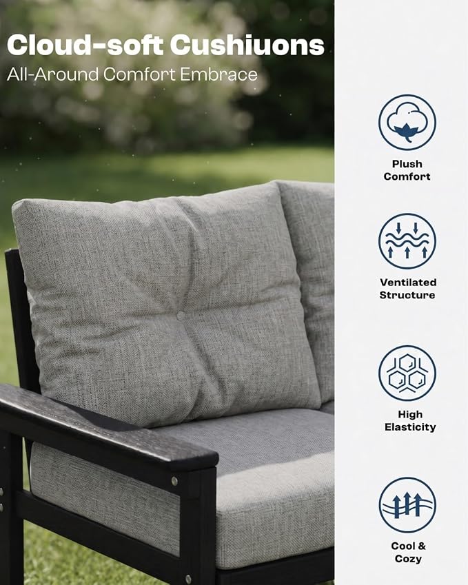 HDPE Patio Sofa Set, 3-Piece Sectional Outdoor Patio Furniture Set, All Weather Outdoor Couch Set with Grey Washable Thick Cushions for Lawn, Garden, Deck, Balcony, Porch(Black Frame)