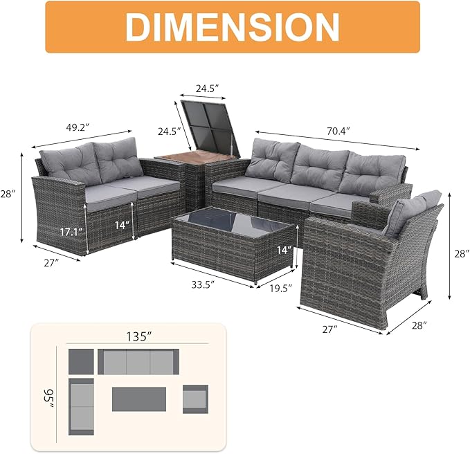 Super Patio 8 Pieces Outdoor Patio Furniture Set, Wicker Patio Conversation Sets with Storage Box, Rattan Outdoor Sectional Sofa Set with Cushions and Coffee Table for Outside Porch, Deck, Gray