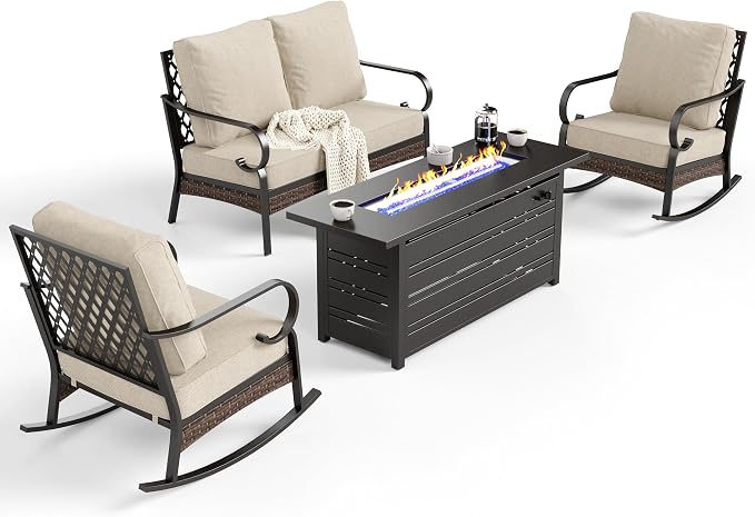 SUNSHINE VALLEY 4 Piece Metal Outdoor Patio Furniture Sets with Firepit Table, Patio Conversation Sets 1 2-Seater Sofa, 2 Rocking Sofa with 5.75" Cushion Black Backyard Furniture for Deck, Beige