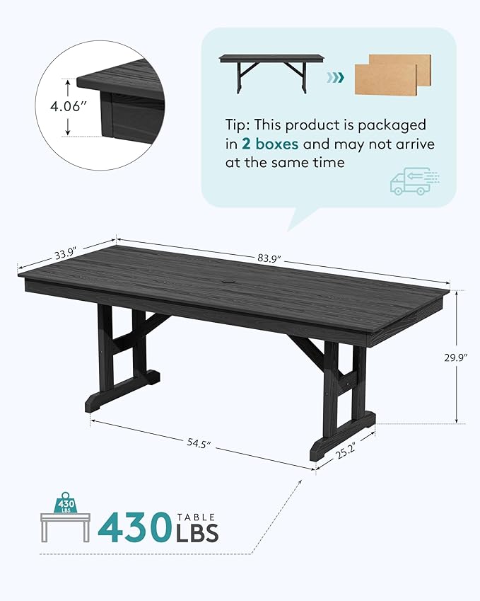 SERWALL Outdoor Dining Table, 84" Rectangular Dining Table for 6-8 Person, All Weather HDPE Outdoor Furniture for Backyard, Garden, Black
