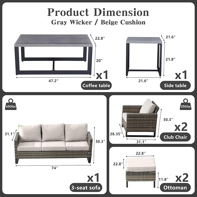 Belord 7 Piece Outdoor Furniture Patio Wicker Sofa Set Beige
