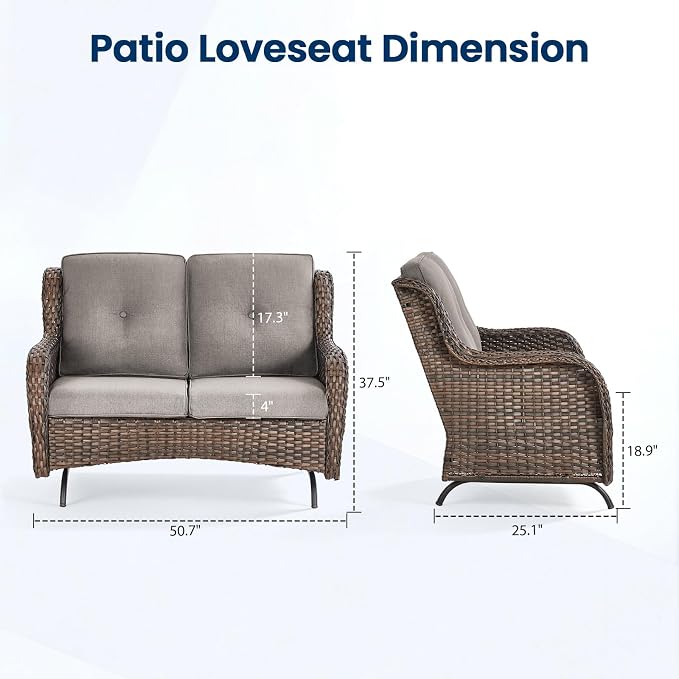 Patio Loveseat Sofa, Outdoor Wicker Loveseat with Luxury Thick Cushion, All-Weather Patio Furniture Set, Outdoor Glider Bench for Garden Balcony Backyard(Brown Wicker/Grey Cushion)