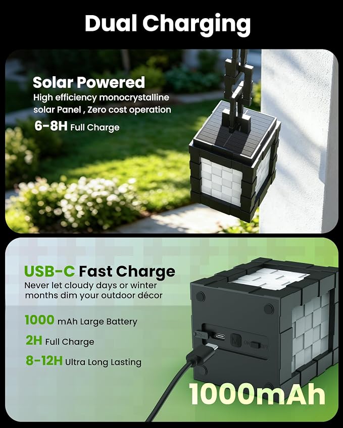 Pixel Solar Lanterns Outdoor, USB-C & Solar Hanging Light for Patio Decor | 17-Color RGB Table Lamp with Remote & Timer, IP66 Waterproof, Decor for Yard Garden Porch & Winter Camping, Gift for Gamers
