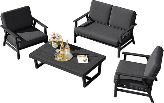 4 Pieces Patio Furniture Sets, Black Wood Outdoor Sectional Furniture with Coffee Table, 4 Seats Patio Sofa Couch Conversation Set for Backyard Deck - Dark Gray