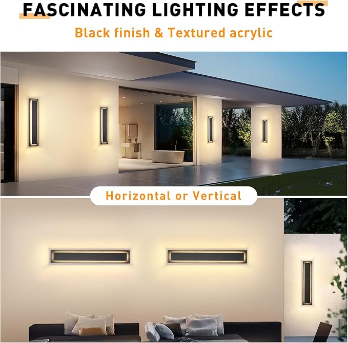 23.6 in Porch Lights Outdoor Sconce Light Exterior Lighting Fixture | Black LED Long Outdoor Wall Light For Porch,Front Door ,House,Patio, Waterproof, LED 24W 3000K Warm White,360° Angle,1 Pack