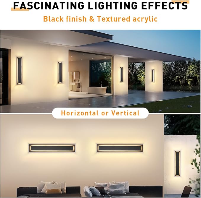 Modern Outdoor Wall Lights,24 in Long Exterior Lighting Fixtures | Black LED Outdoor Wall Sconce For House,Porch,Garage,Front Door, Patio,IP65 Waterproof,3000K Warm White 24W, 2 Packs