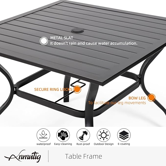 5 Piece Outdoor Patio 35" Square Table and Navy Blue Stackable Chairs Set | 4 Piece Stackable Chairs, Textilene Seat&Back, Metal Table, Slat Table Top, 4 Person Use, 1.57" Umbrella Hole, All Weather