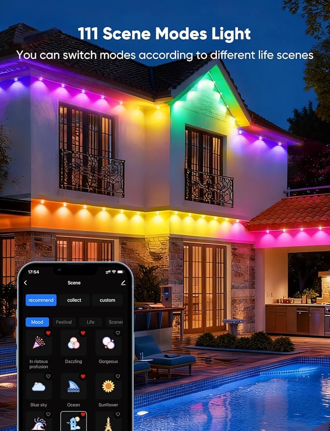 RGBW Permanent Outdoor Lights 300ft, 40ML, with 216 LED Bulbs, White | IP67 Waterproof, 111 Scene Modes, 2700K Warm White, Music Sync, Individual Control, Eave Lights Compatible with Alexa