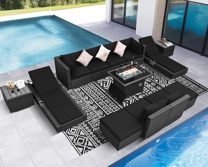NICESOUL 13 Piece Patio Sectional w/Fire Pit, Modular Wicker Outdoor Couch w/Chaise Lounge, Large Size 29.3'' High-Back Deep Conversation Seating, All-Weather Backyard Movie Furniture, Grey & Black