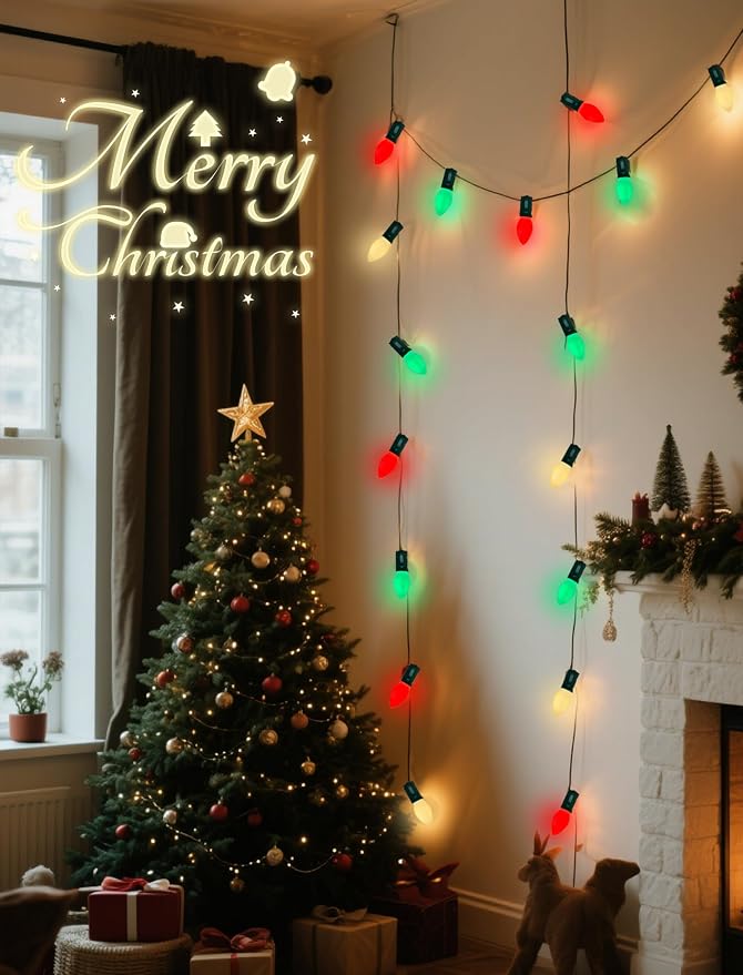 C7 Multicolor Vintage Christmas Lights, 26Ft Red White and Green Christmas Outdoor String Lights with 27 LED Bulbs, Hanging Old Fashioned Lights for Xmas Tree Patio Roofline Party Wedding Decoration