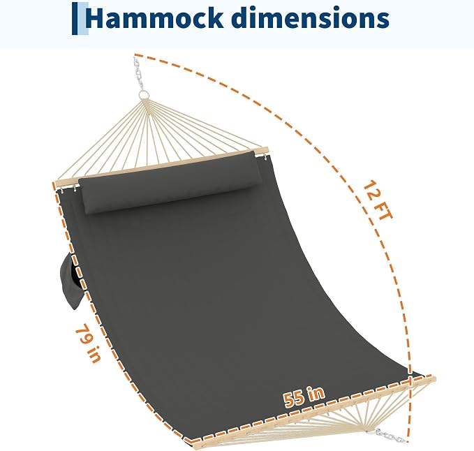 Double Quilted Hammock with Wooden Spreader Bar, 2 Person for Outdoor Without Stand, Patio Backyard Poolside, Dark Gray