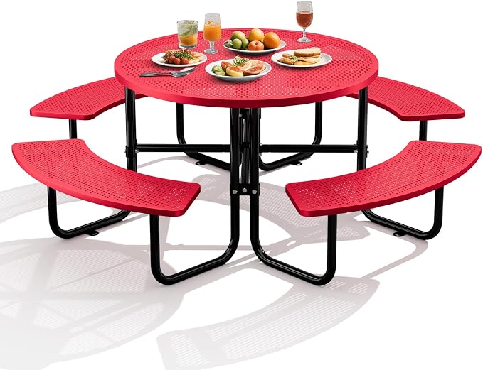 83" Round Heavy Duty Picnic Table for Outdoors Commercial Camping Table with Umbrella Hole up to 1.78" Red Coated Steel Frame Waterproof Rust Resistant 3200 lbs Load Capacity