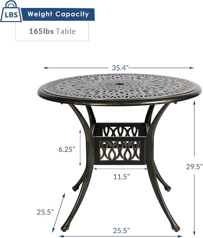 35.4 Inch Outdoor Dining Table Round Patio Table Bronze Cast Aluminum Rustic Large Table with Umbrella Hole