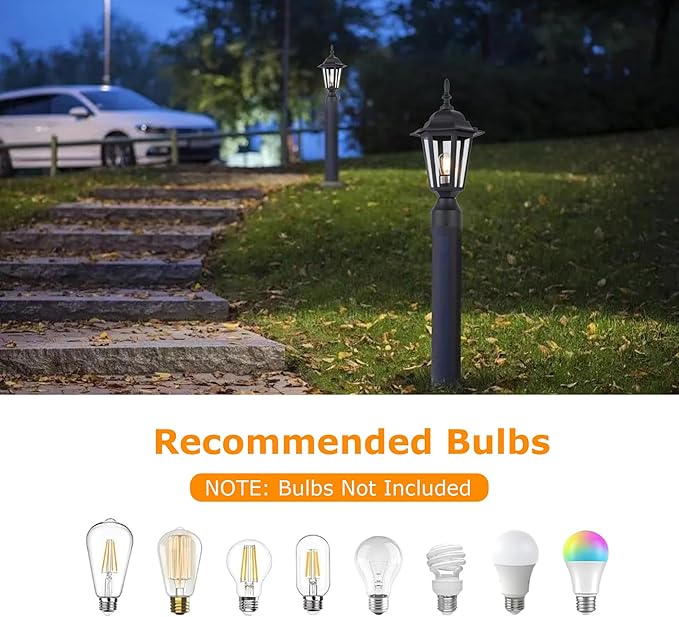 Outdoor Post Light, Rustproof Aluminum Pole Lamp, Black | Exterior Lamp Post Light Fixture for Garden, Yard, Pathway, Waterproof, Glass, E26 Base, Max 60W, 1 Pack