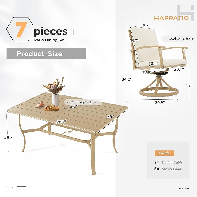 HAPPATIO 7 Piece Patio Swivel Dining Set, Aluminum Outdoor Dining Set for 6,Dining Table and Chairs Set, Patio Dining Furniture with Aluminum Table, Swivel Chairs and Washable Cushions (Beige)
