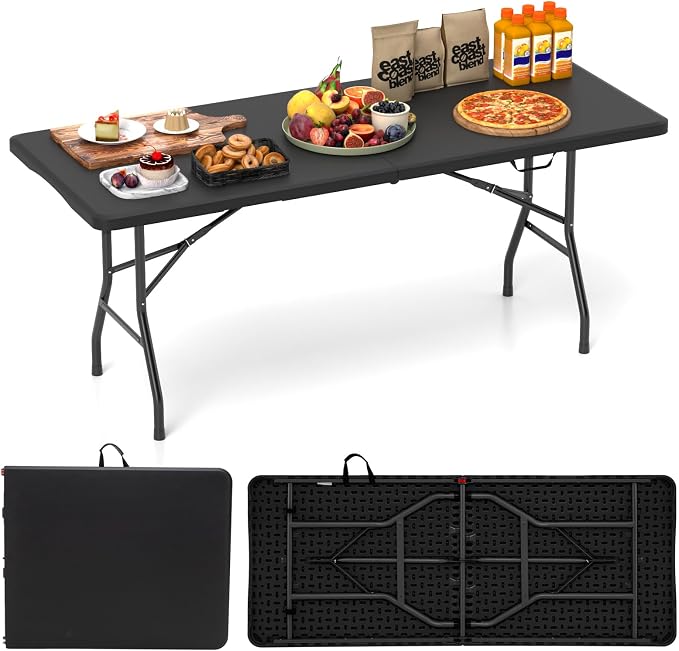 Tangkula 6 FT Folding Table, Indoor Outdoor Foldable Plastic Table with HDPE Tabletop, Sturdy Metal Fame, Carrying Handle, Heavy Duty Portable Fold-in-Half Picnic Table for Camping BBQ Party