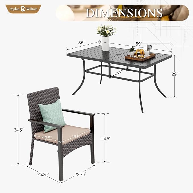 Sophia & William 7-Piece Patio Dining Set, Metal Table, PE Wicker Chairs | All Weather Patio Table and Chairs Set for 6, Perfect for backyard, deck, porch