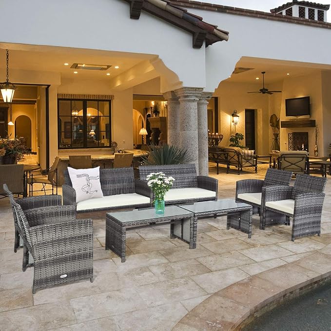 MAT EXPERT 4-Piece Wicker Sofa Chair and Table Set, Patio Rattan Conversation Set w/Removable Cushions, Outdoor Sofa Furniture w/Tempered Glass Coffee Table for Garden/Lawn/Pool/Backyard
