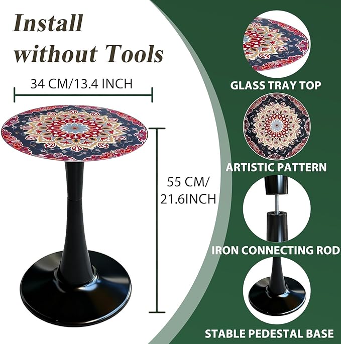 13.4" Outdoor Side Table, Round Patio Bistro Table Printed Tempered Glass Top, Waterproof Rust-Proof Base, Small Plant Stand for Balcony, Garden, Deck, 21.6" H (Ochre Color)