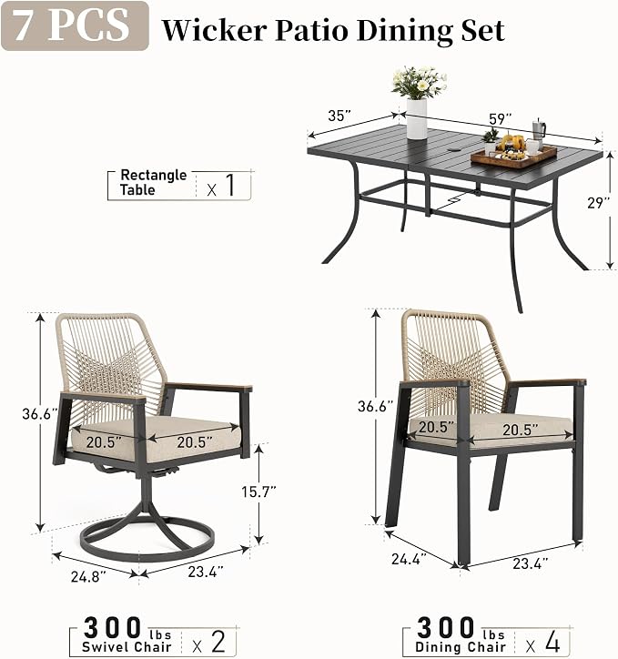 Patio Dining Set 7 Piece, 4 Woven Rattan Fixed Chairs and 2 Swivel Chairs with Waterproof Cushion, 59" Rectangular Metal Table with Umbrella Hole, Outdoor Table Set for Backyard Lawn Deck, Beige