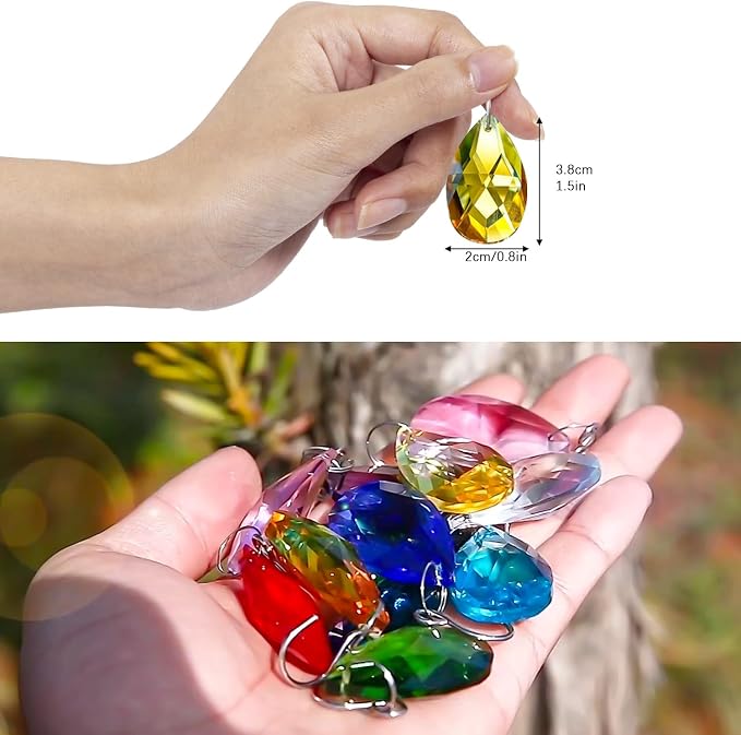 12 Pcs 38mm Multi-Color Crystal Prism Suncatcher Window Decor | Multi-Color Feng Shui Faceted Crystal Grid Prism 38mm Suncatcher Pendant Set of 12 for Window Chandelier Garden Wedding Decor
