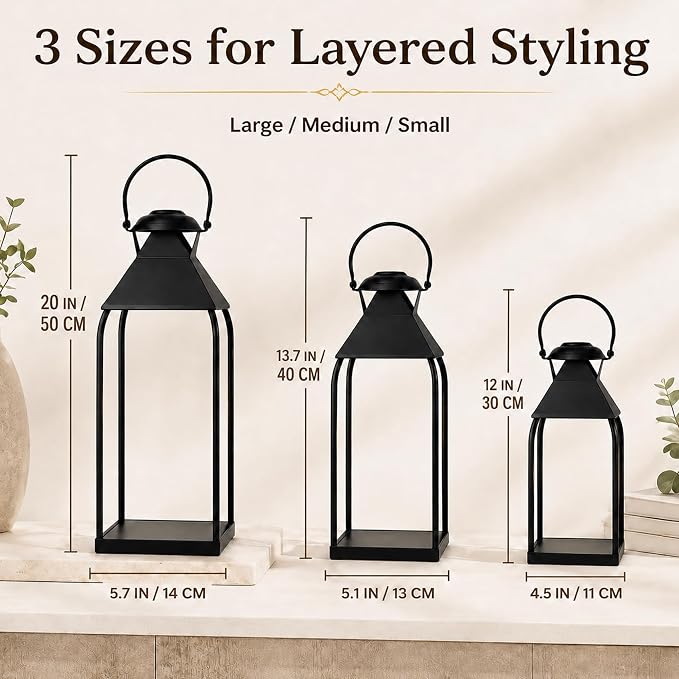 Decorative Metal Lanterns Indoor Outdoor, Lanterns Decorative Outdoor | 3Pcs Candle Holder for Front Porch, Fireplace, Patio, Entryway, Wedding & Christmas, Party Decoration, Table Centerpiece