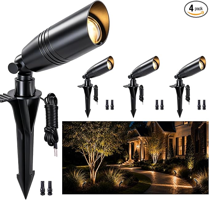 Low Voltage Landscape Lighting,Outdoor Spotlights 12V Uplights | IP65 Waterproof,Die-cast Aluminum,200°Adjustable, Without MR16 Bulb,Heavy Duty Spot Light for Tree Garden Yard Pathway,4Pack