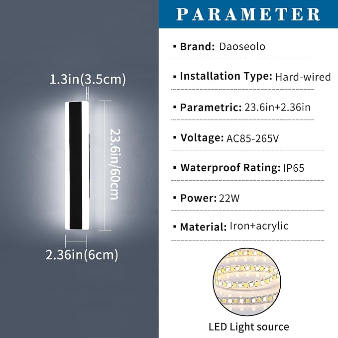 23.6inch Modern Outdoor Wall Light, Black Linear Long LED Wall Sconce, 6000K Cold White, 24W, IP65 Waterproof, Exterior Wall Light Fixture Garage Lighting for Porch, Patio, Yard, House, Garden