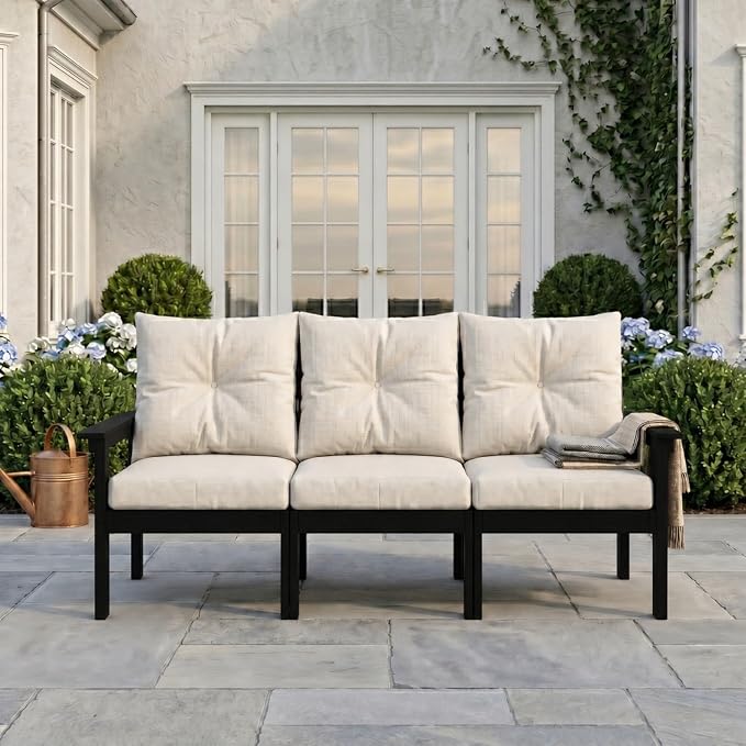 HDPE Outdoor Patio Furniture Set, 10-Piece Patio Conversation Sets with Coffee Table & Beige Washable Thick Cushions, Outdoor Sofa for Garden, Balcony, Porch, Yard (Black Frame)