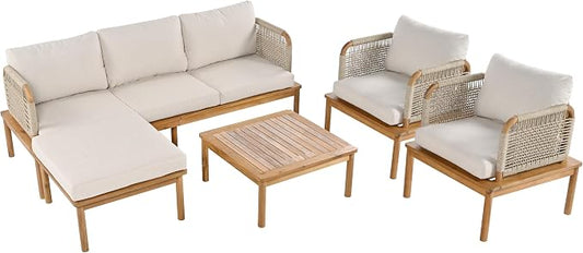 Christopher Knight Home Coby 5-Piece Acacia Wood Patio Furniture Set, Outdoor Conversation Sofa Set with Club Chair, Coffee Table and Ottoman, Patio Sectional Chat Set for Backyard/Balcony, Teak+Beige