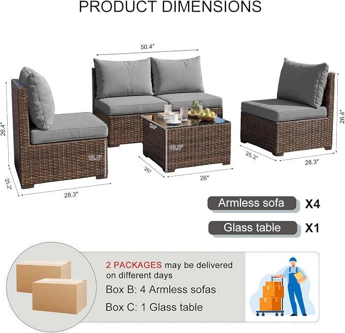 5 Pieces Patio Furniture Set with Galss Table, Outdoor PE Rattan Sectional Sofa with Soft Cushions for Backyard, Porch, and Poolside (Gray, 5 PCS w/Table)